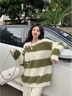 風采兔 毛衣女款2025新款冬条纹撞色减龄加厚设计感宽松慵懒风潮针织衫 绿色 均码 实拍图