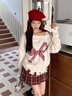 汇媚跨年圣诞穿搭蝴蝶结针织衫女毛衣女连衣裙约会战袍显瘦百搭氛围感 杏色圣诞毛衣+红色吊带裙 【两件套】 M 【建议80-100斤】 实拍图