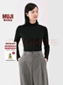 MUJI女式 起毛罗纹编织半高领长袖T恤上衣打底衫女款内搭春秋女装条纹 黑色 5A M （160/84A） 实拍图