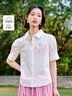 茵曼通勤压褶泡泡袖全棉衬衫夏季女装翻领刺绣衬衣上衣 白色  S 实拍图