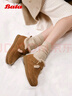 Bata勃肯毛毛鞋女2025冬商场新款英伦牛剖皮通勤保暖单鞋30922DM5 棕色 38 实拍图
