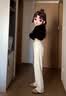 美思源白色直筒牛仔裤女士秋季裤子新款2026新款杏色高腰拖地裤阔腿裤 米杏色长裤 加厚绒 S 【90-105斤】 实拍图