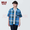MUJI 男式 马德拉斯格纹 开领短袖衫 男士衬衫衬衣外套 格子 纯棉全棉 蓝色格纹 M(170/92A) 实拍图