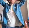 马登工装美式复古磨毛竖条纹衬衫男翻领休闲长袖衬衣修身薄款上衣外套 古蓝色 M 实拍图