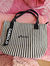 鹏境2025新款帆布手提单肩包包女时尚条纹大容量购物袋休闲通勤托特包 飘带条纹【经典黑】 实拍图