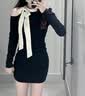 京多梦法式露肩蝴蝶结新款连衣裙女春秋高级感纯欲修身显瘦包臀短裙 黑色 M （95-105斤） 实拍图