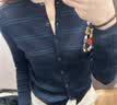 优衣库女装精纺美利奴羊毛罗纹圆领条纹针织短开衫481408 69 藏青色 XL /165/92A 实拍图