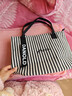 鹏境2025新款帆布手提单肩包包女时尚条纹大容量购物袋休闲通勤托特包 飘带条纹【经典黑】 实拍图