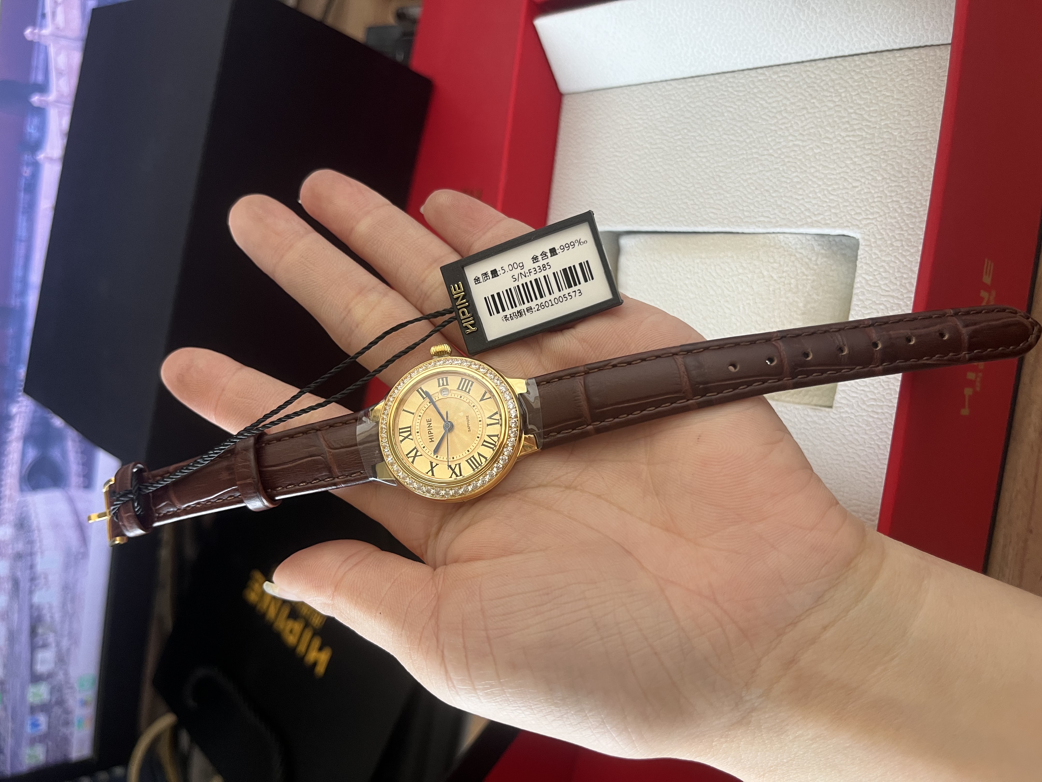 HIPINE西普尼金气球金表女纯金999足金黄金复古腕表时尚石英女生日礼物 【锆石金面金扣-黑带】金重5g+ 实拍图