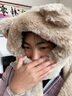 目丸帽子女冬小熊帽子手套围巾女一体三件套女士韩版可爱冬天保暖帽子 卡其色+白色小狗手套 均码(56-58cm) 实拍图