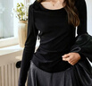 Olrain欧芮儿法式斜肩针织T恤女装春季新款荡领系带长袖上衣 黑色 S 实拍图