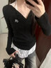 沂懿长袖t恤女黑色修身上衣冬季新款白色蕾丝打底衫辣妹一字肩可外穿 白标v领黑色上衣 不含内搭 L 【建议100-110斤】 实拍图