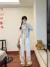妍莉芬（yanlifen）休闲裤女2026年春装新款蓝色毛衣外套女装春秋套装针织衫衣服裤子 三件套 55/60kg/L 实拍图