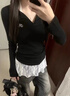 沂懿长袖t恤女黑色修身上衣冬季新款白色蕾丝打底衫辣妹一字肩可外穿 白标v领黑色上衣 不含内搭 L 【建议100-110斤】 实拍图