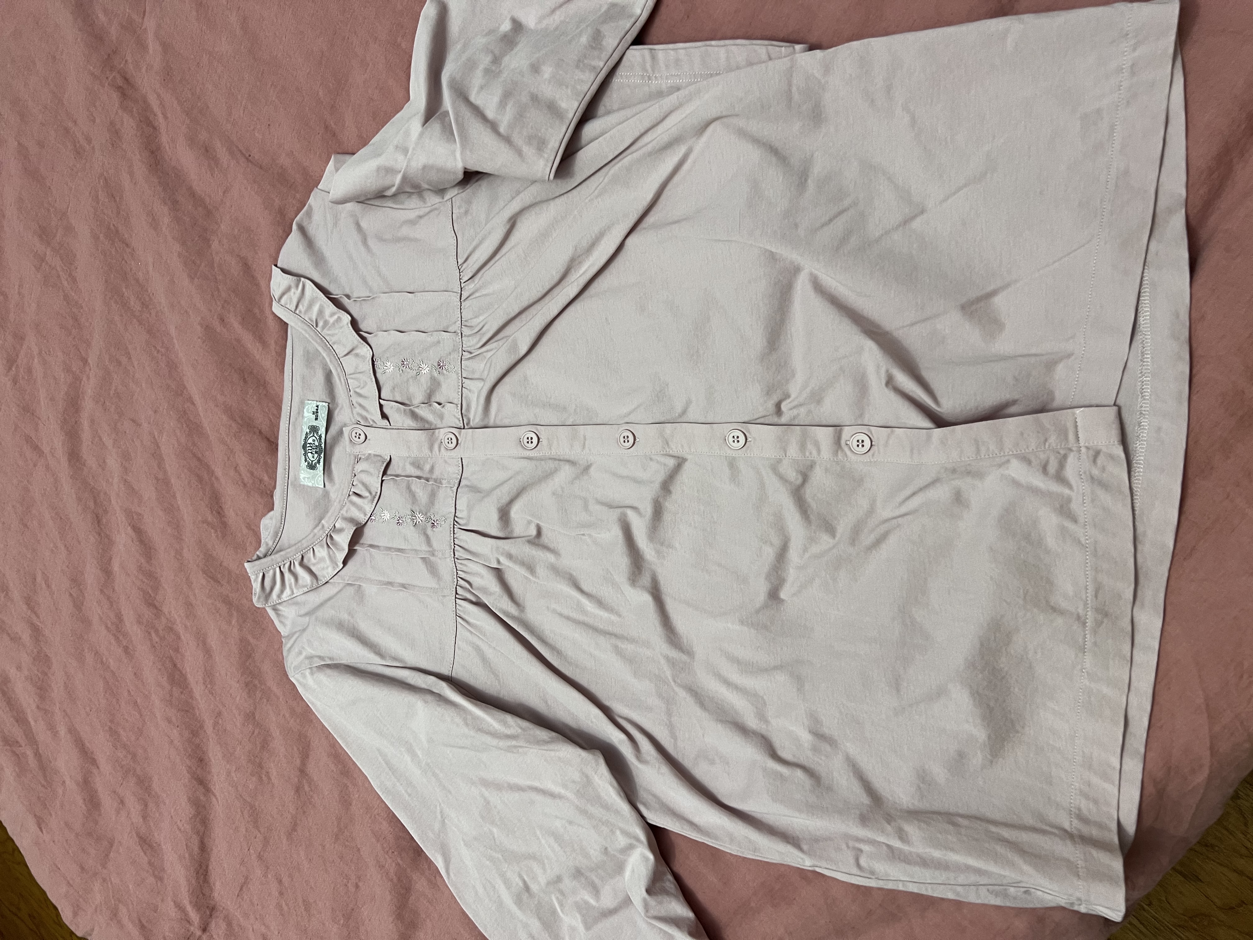 美标春秋睡衣女士开衫100%纯棉七分袖长裤套装圆领家居服 灰粉 M 实拍图