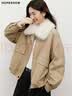 红袖（hopeshow）巴恩风大毛领羽绒服2025冬季新款女装90白鸭绒撞色工装气质短外套 卡其038 XS 实拍图