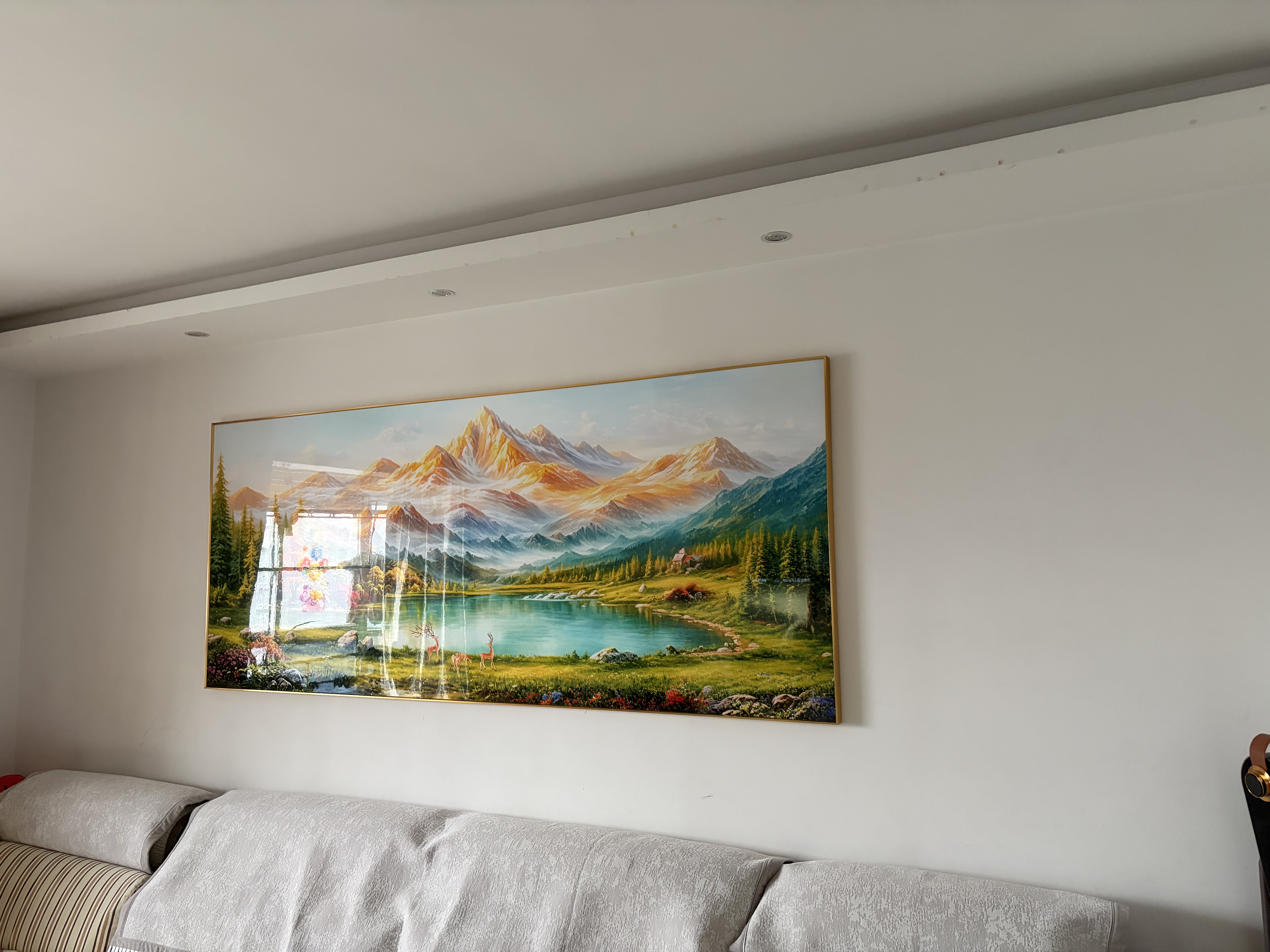 鹿觉客厅装饰画聚宝盆风景山水挂画背有靠山办公室沙发背景墙壁画 背靠金山-聚宝盆新66【金色框】 240*100cm/铝合金边框 实拍图