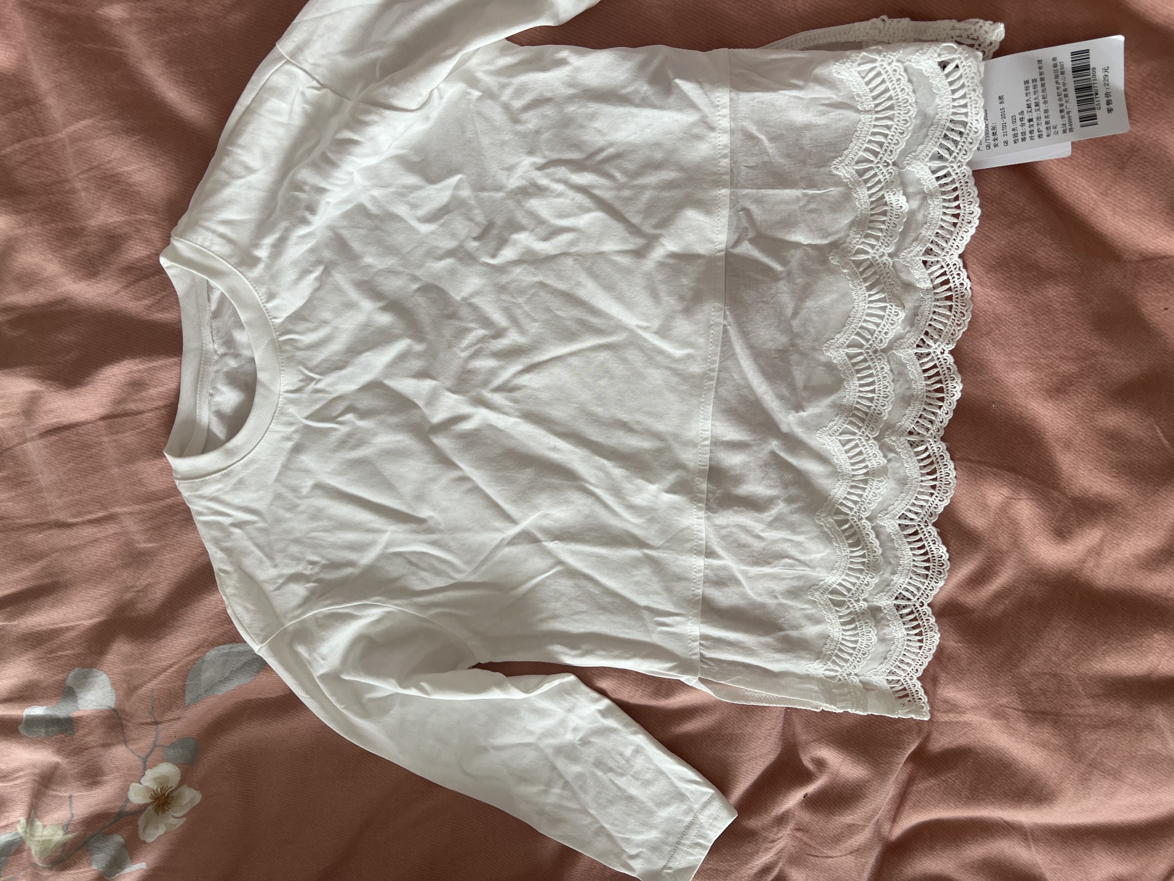 布丁哈鲁【100%棉】女童拼接花边下摆T恤秋季中大童休闲百搭纯棉长袖T恤潮 实拍图