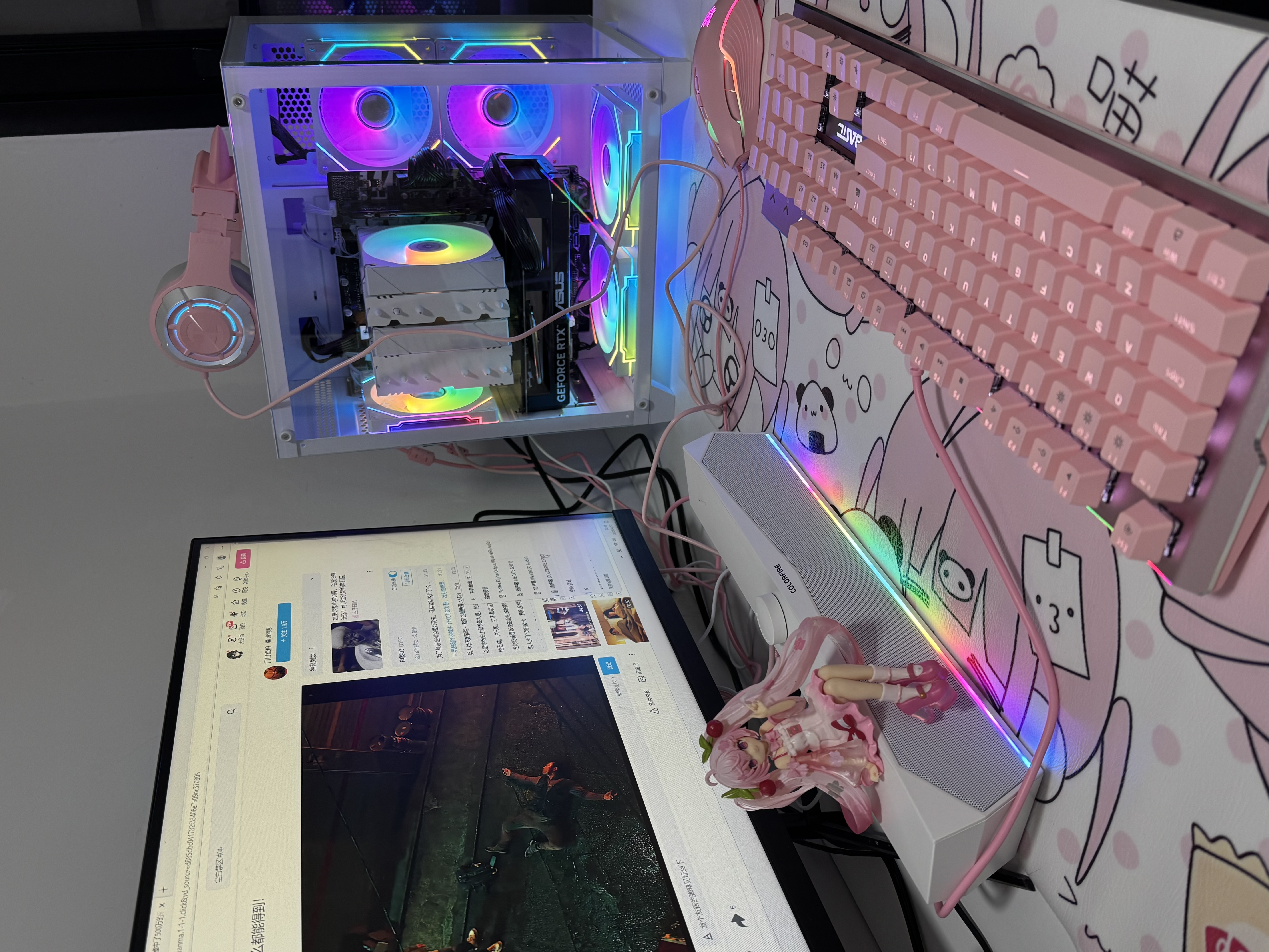 本手机械键盘鼠标套装 粉色有线游戏键鼠套装耳机三件套女生台式笔记本电脑104键吃鸡背光发光电竞外设 粉色键盘（青轴）+粉色游戏鼠标 实拍图