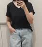 啄木鸟纯棉短袖T恤女夏季V领正肩宽松显瘦百搭纯色打底上衣 黑色 2XL 实拍图