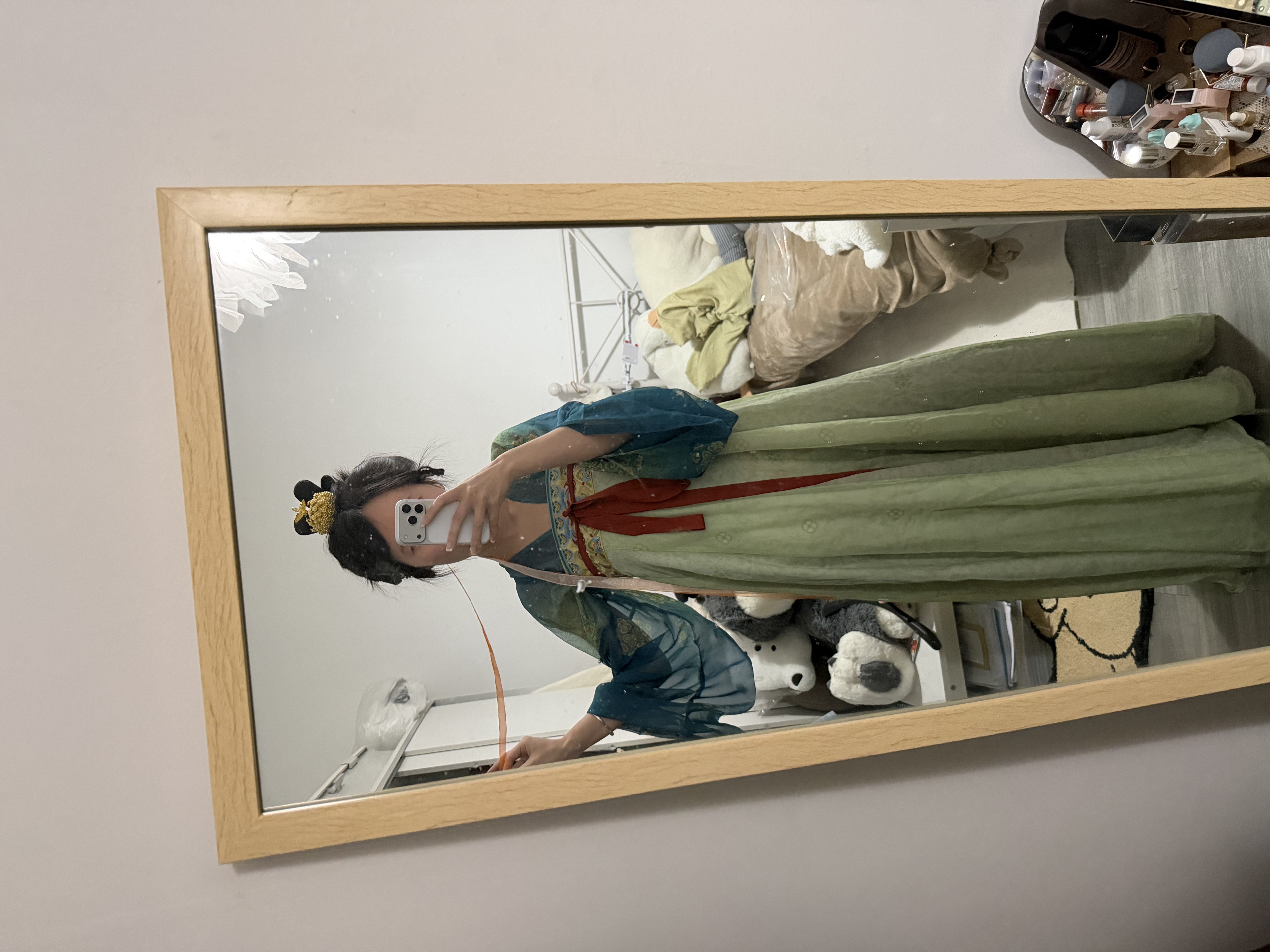 重回汉唐春辰锦原创唐制复原齐胸衫裙襦裙套装披帛汉服女装 上蓝下绿齐胸套装/预售 付款45天内发货 XL 170 实拍图
