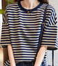 德玛纳【裸感体验】夏季撞色圆领条纹打底衫落肩宽松小个子气质女式t恤 实拍图