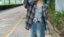 唐狮（TonLion）2026春季女长袖格纹衬衫拼色百搭格子外套潮流上衣 蓝色调 L 实拍图