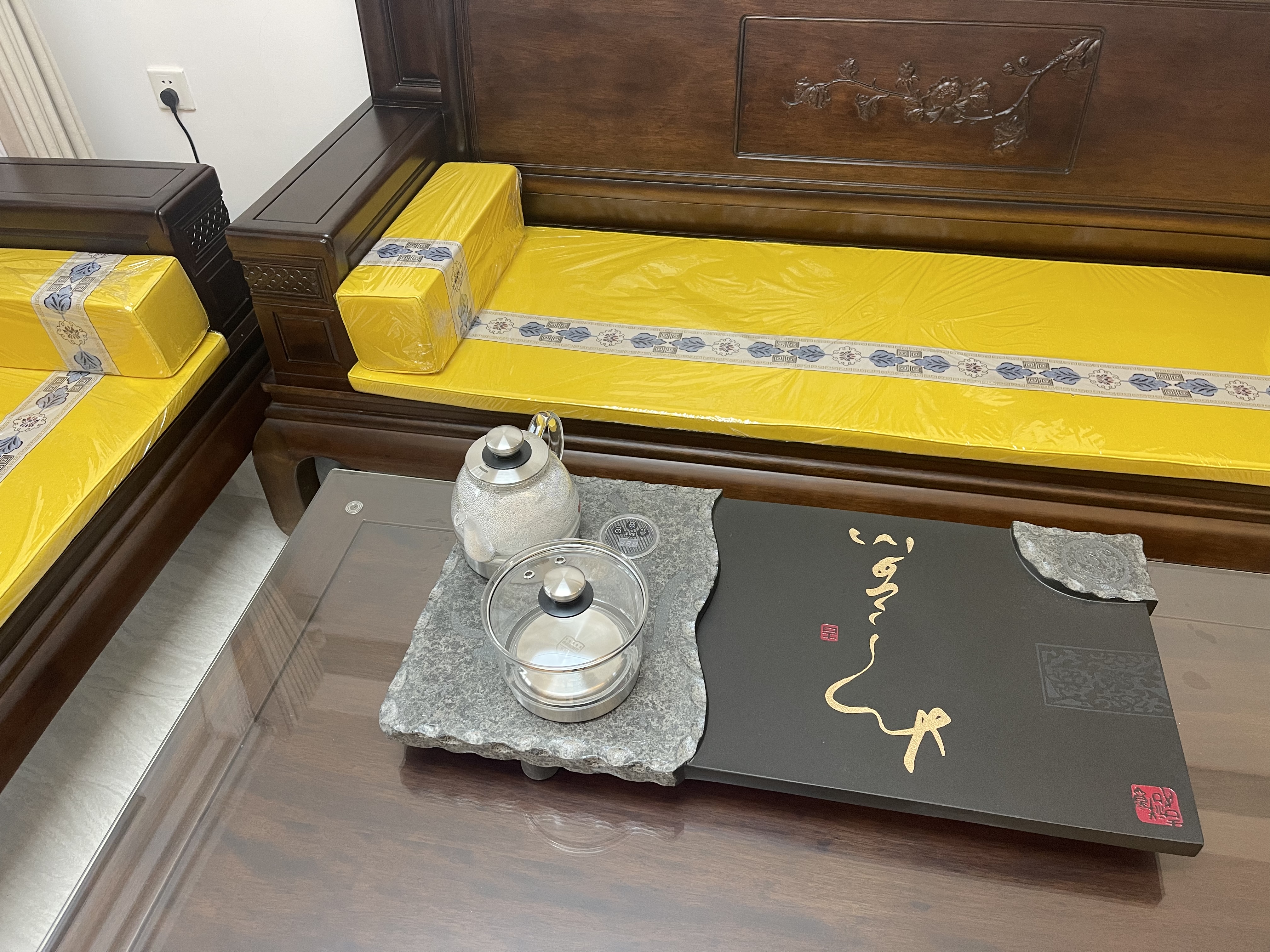 石福记乌金石茶盘家用办公茶台全自动电磁炉烧水一体茶托整块天然石盘 天地 80*40*3cm 单茶盘带电器 实拍图