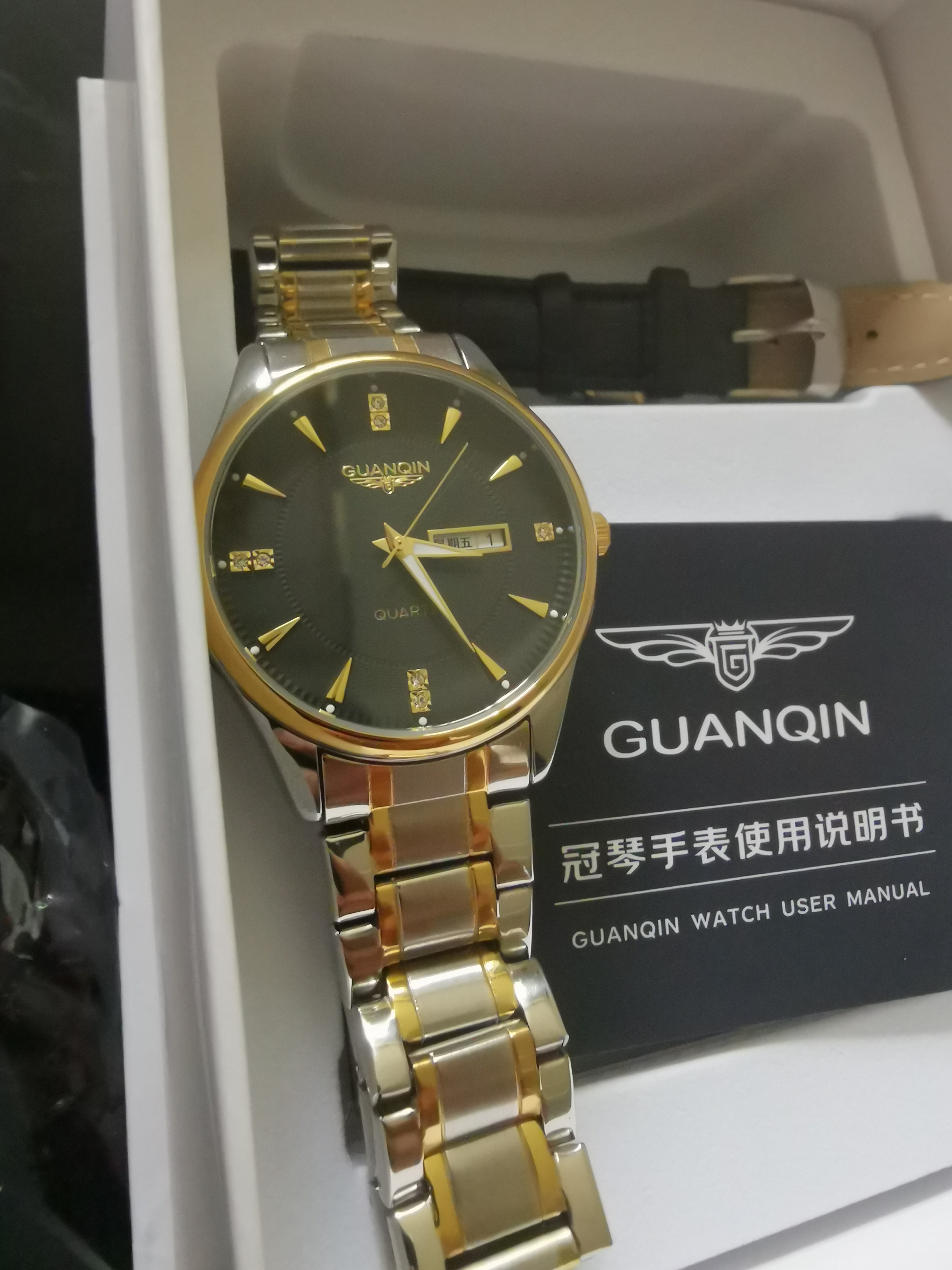 冠琴（GUANQIN）手表男士全自动机械表瑞士品质防水夜光精钢双日历学生多功能腕表 钢带间金黑面（SY款） 实拍图