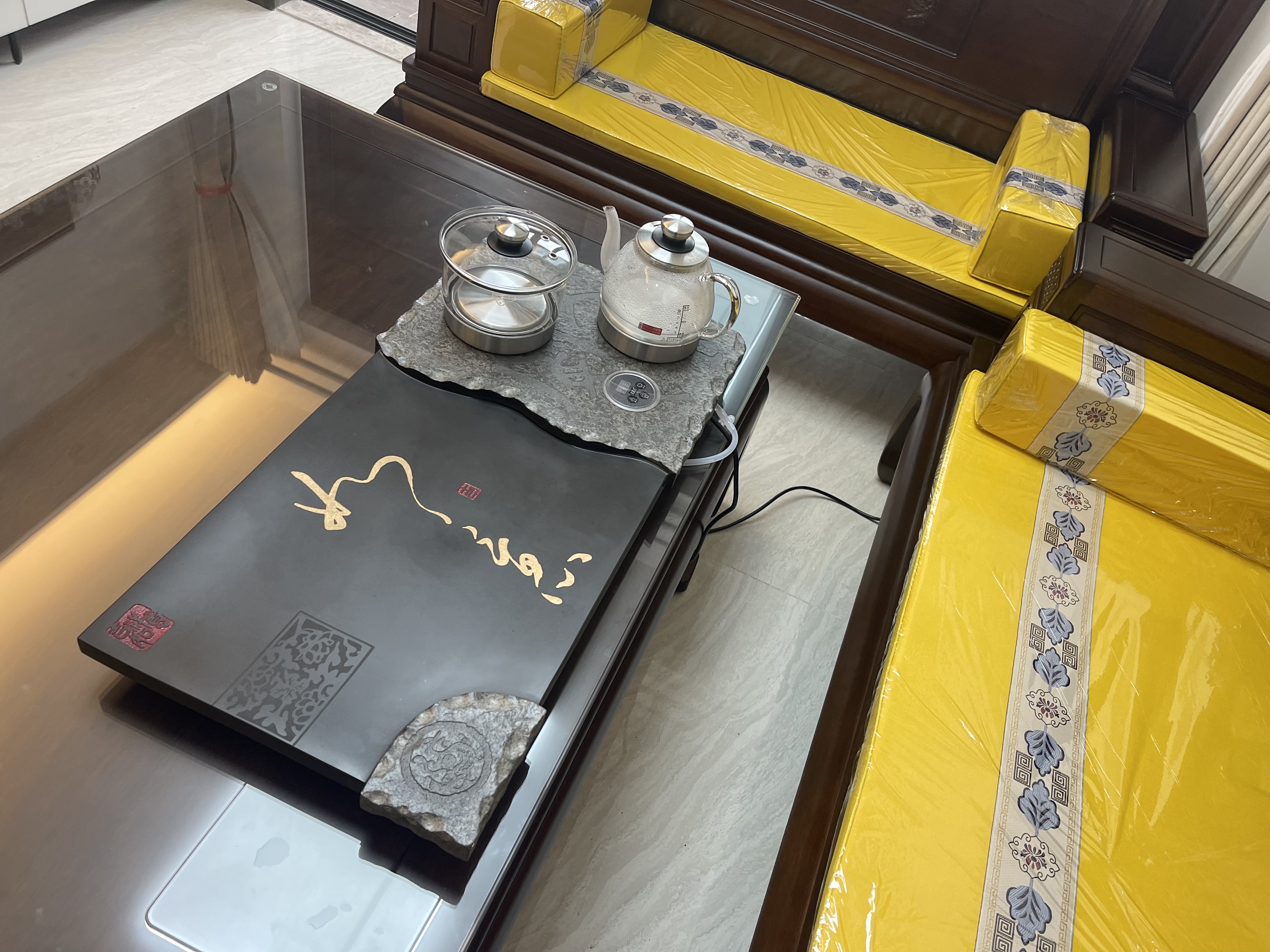 石福记乌金石茶盘家用办公茶台全自动电磁炉烧水一体茶托整块天然石盘 天地 80*40*3cm 单茶盘带电器 实拍图