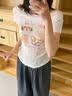 杏色斜肩一字肩蕾丝短袖T恤女2026新款夏季印花褶皱收腰露肩上衣 杏色 S 实拍图