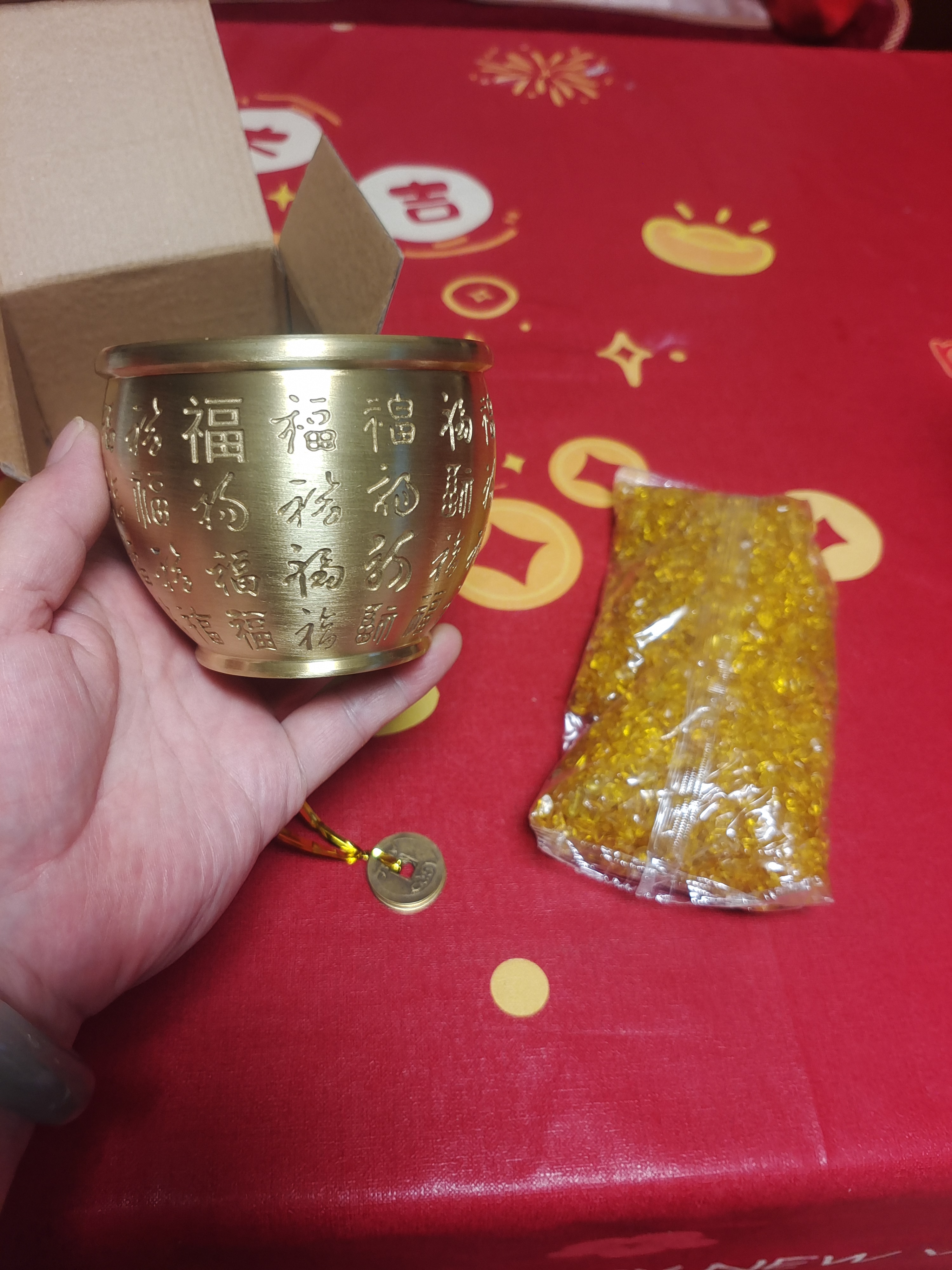 招財百福铜缸纯黄铜聚宝盆摆件米缸客厅冰箱上家居聚財小铜盆 9.5cm雕刻百福缸-满缸水晶套装 实拍图