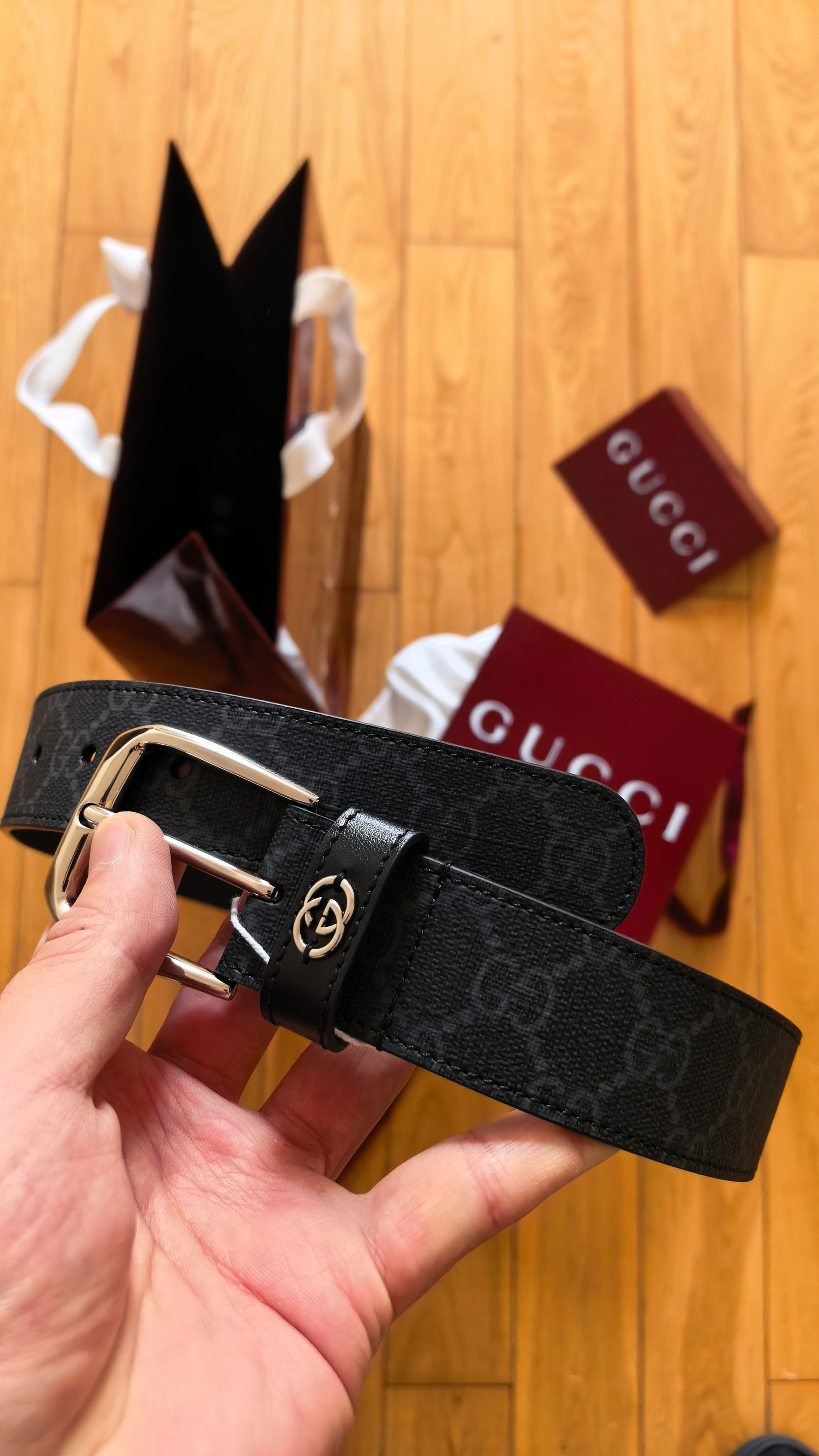 GUCCI古驰饰互扣式双G细节腰带3.5厘米宽 黑色 100cm 实拍图