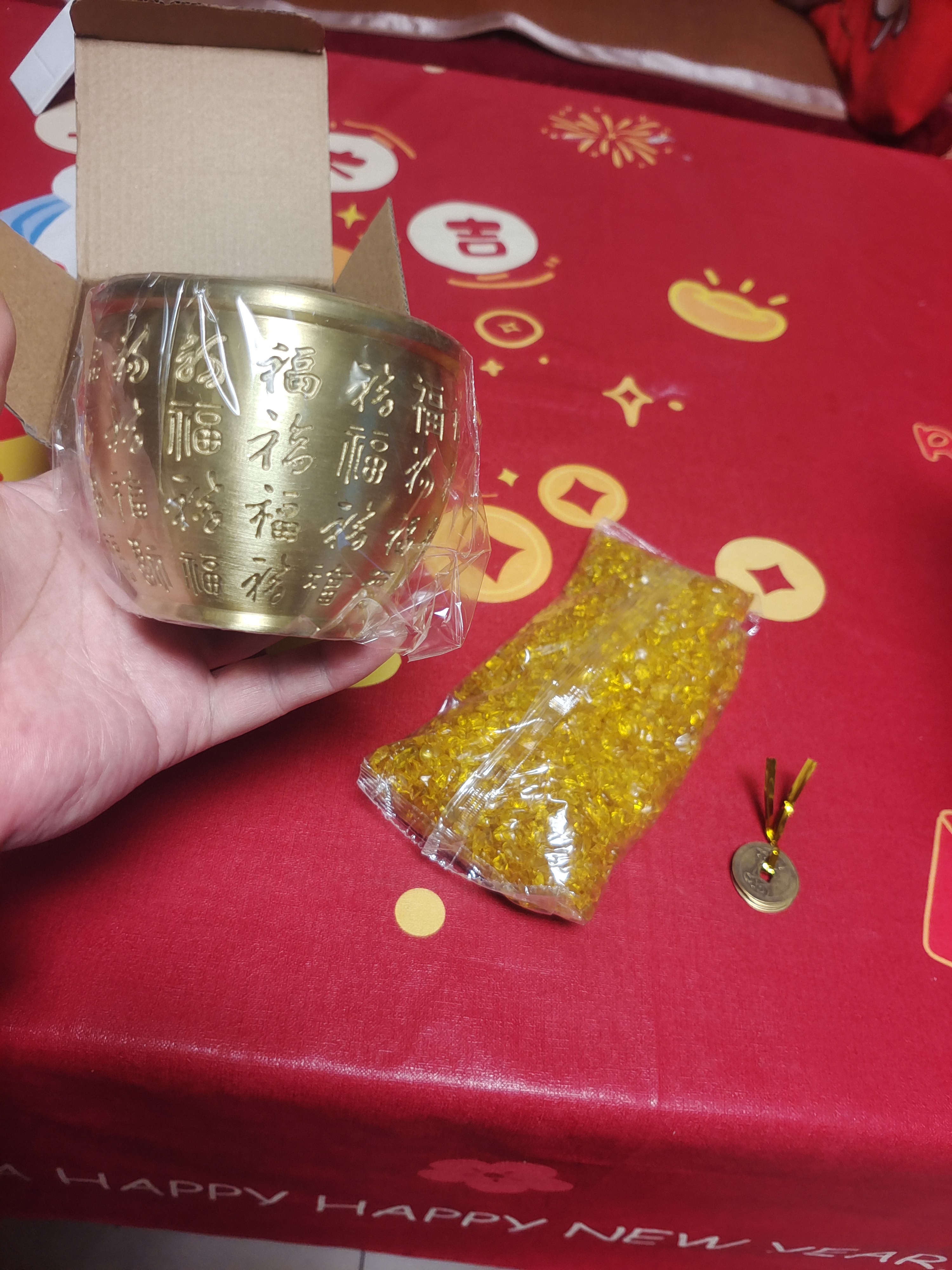 招財百福铜缸纯黄铜聚宝盆摆件米缸客厅冰箱上家居聚財小铜盆 9.5cm雕刻百福缸-满缸水晶套装 实拍图