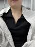 NOMe夏季正肩T恤上衣螺纹polo衫女侧边褶皱修身显瘦短袖T恤女 黑色2XL 实拍图
