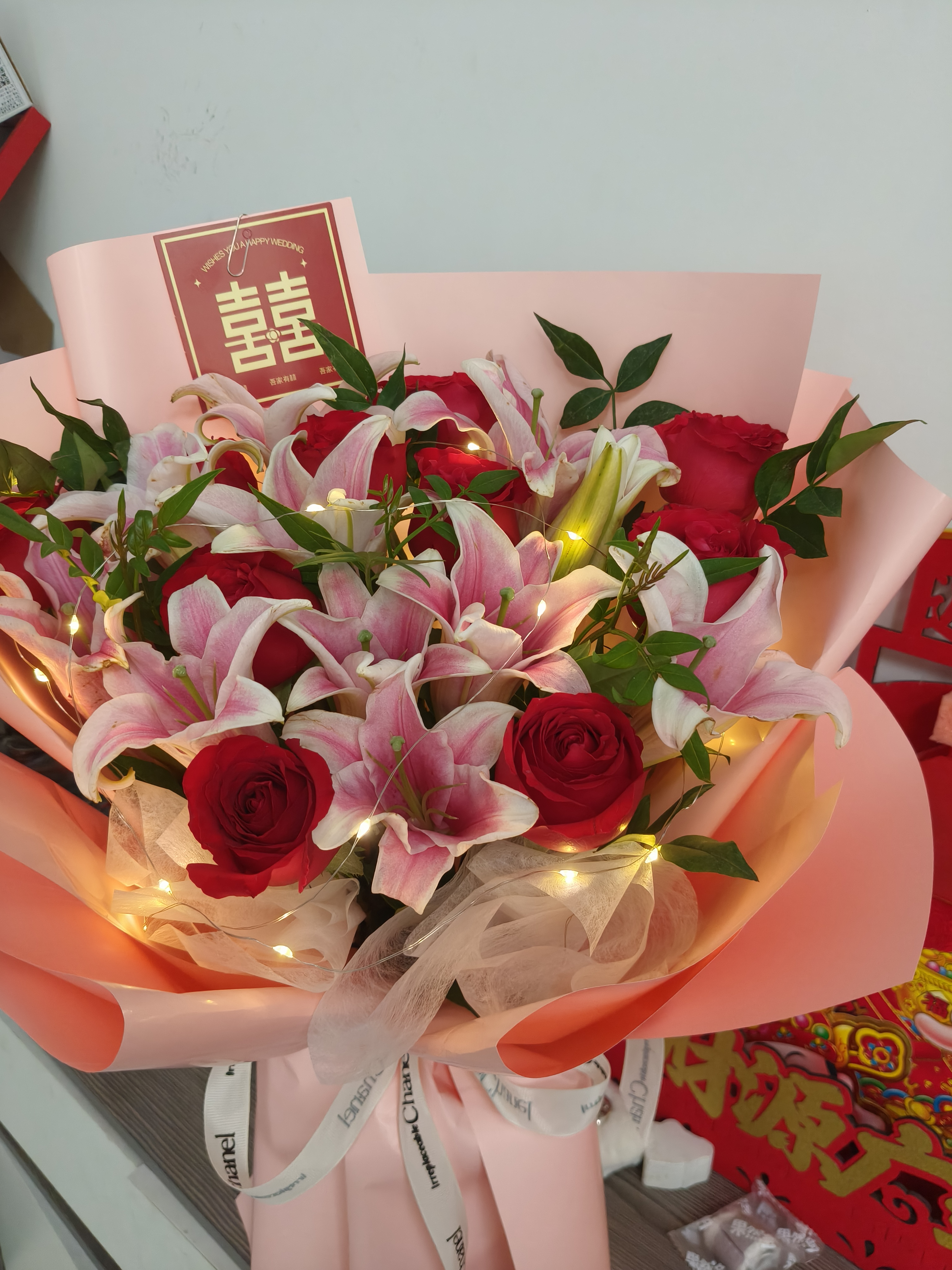 花艺湾鲜花同城配送玫瑰百合花束表白送女友老婆闺蜜生日礼物店 9朵粉玫瑰12朵粉百合花束 全国同城配送 留言送花日期 实拍图