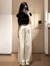 罗蒙（ROMON）韩系穿搭一整套女装夏装2026新款黑色短袖t恤宽松阔腿裤两件套 黑衣杏裤两件套 XL 建议115斤-130斤 实拍图
