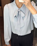 伯德小姐蓝色长袖衬衫女飘带职业通勤上衣抗皱面试西装内搭雪纺衬衣 L 实拍图