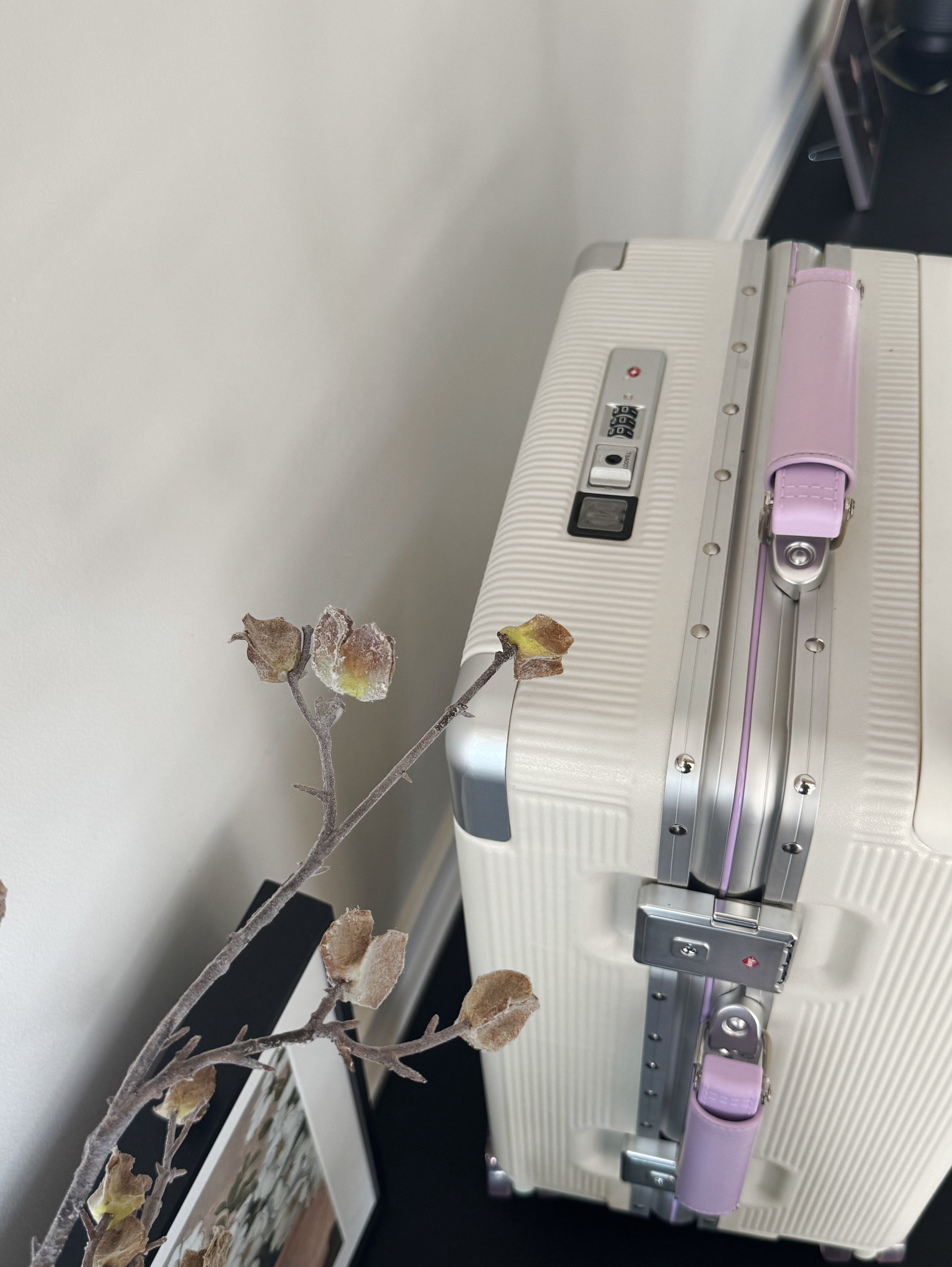 游乐者（MUSIC TRAVELS）行李箱前翻盖铝框拉杆箱PC多功能旅行密码箱子高颜值大容量登机箱 糯紫奶白（左）标准版「前翻盖+充电+折叠杯架+挂钩」 24英寸 「可托运，附透明箱套」 实拍图
