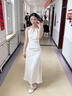 舒芳蝶（shufangdie）吊带连衣裙女装2026夏季新款绸缎面鱼尾长裙高级感中长小礼服裙子 米白色 S 实拍图
