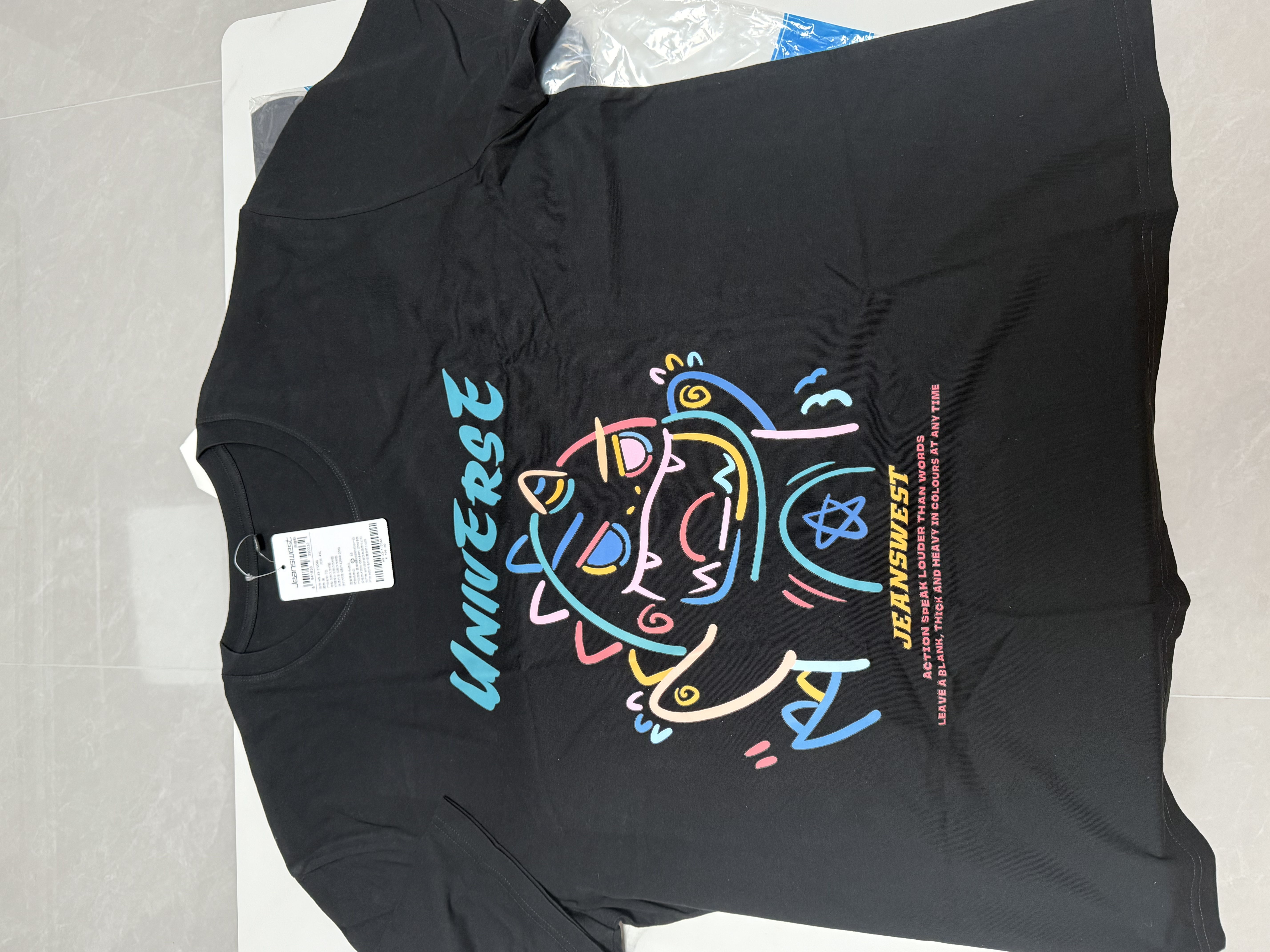 真维斯（Jeanswest）纯棉短袖t恤男运动潮流百搭休闲半袖2026新款打底夏季美式体恤衫 黑色(四色图腾) 4XL (体重205-230斤) 实拍图