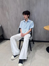 OEMG 韩系假两件V领条纹短袖衬衫男士夏季宽松百搭松弛感潮流上衣T恤 浅蓝色 【高品质】 XL [建议110-130斤] 实拍图