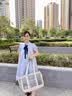 世希大码女装韩版宽松遮肚子连衣裙女夏季胖妹妹显瘦减龄学院风中长裙 蓝色 M [建议85-100斤] 实拍图