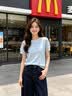 拉夏贝尔温柔风镂空针织短袖t恤女夏季2026新款韩版修身显瘦上衣 蓝色 L 实拍图