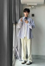 NEW OR MODE长袖衬衫男士宽松竖条纹休闲上衣外套潮牌cityboy港风日系衬衣男 浅蓝色 XL (建议135-155斤) 实拍图