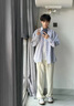NEW OR MODE长袖衬衫男士宽松竖条纹休闲上衣外套潮牌cityboy港风日系衬衣男 浅蓝色 XL (建议135-155斤) 实拍图