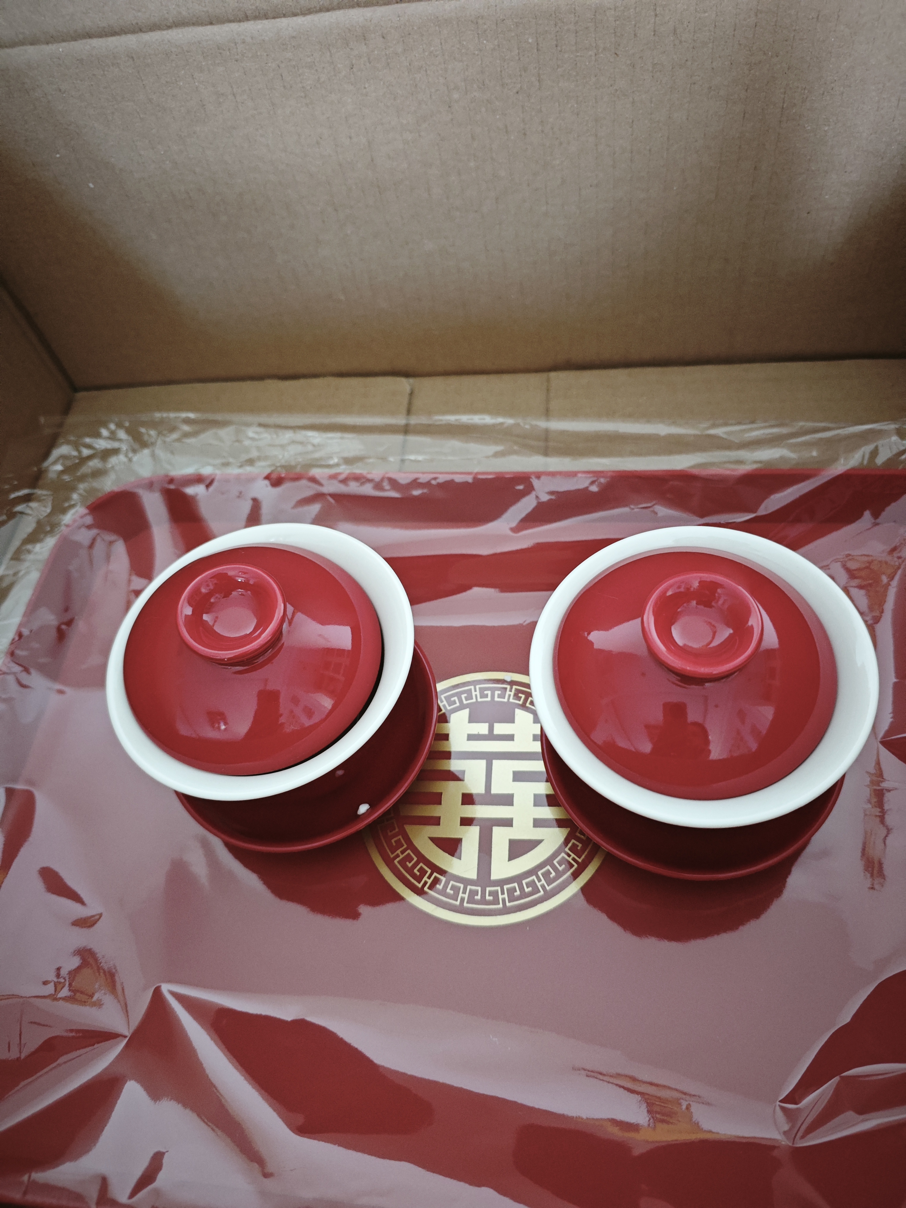 澳颜莱结婚改口敬茶杯婚礼茶具陶瓷喜杯两对喜碗敬酒杯新婚碗筷跪垫套装 喜字敬茶托盘（方盘） 实拍图