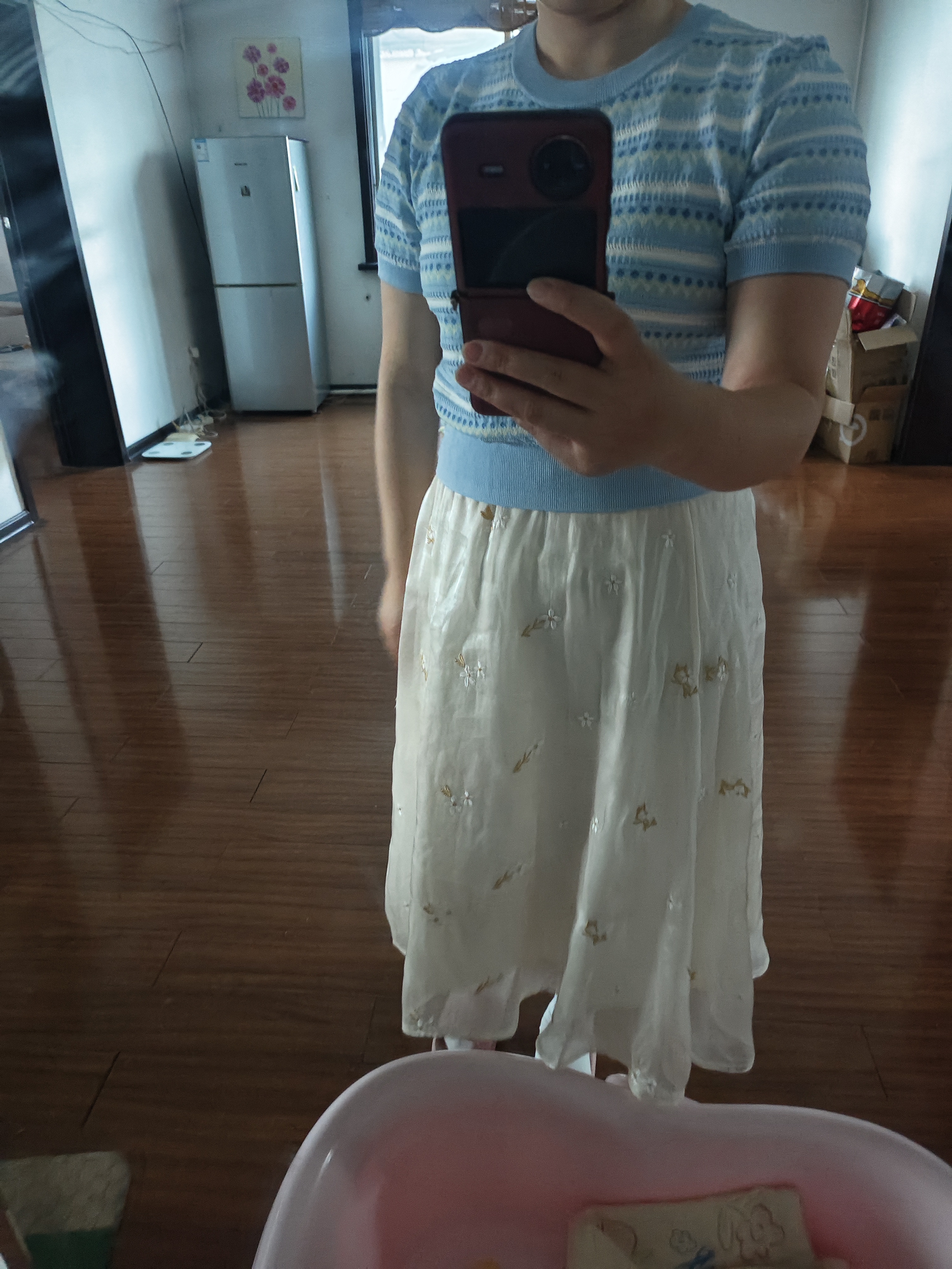 茵曼【秀场同款】索罗纳凉感条纹短袖女26夏针织衫上衣蓝色XL 实拍图