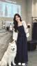 妍莉芬（yanlifen）温柔气质休闲女装套装2026秋季飘带吊带针织开衫阔腿裤三件套秋装 杏衣藏蓝衣藏蓝裤三件套 S (建议100斤以内) 实拍图