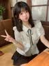哈鲁迪法式娃娃领条纹衬衣女甜美学院风蝴蝶结泡泡袖设计感小众短袖上衣 条纹 M （85-105斤） 实拍图